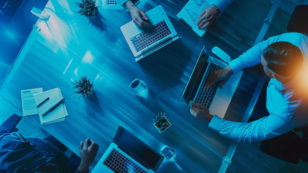 top view business people working together modern office night they are using laptops documents discussing ideas
